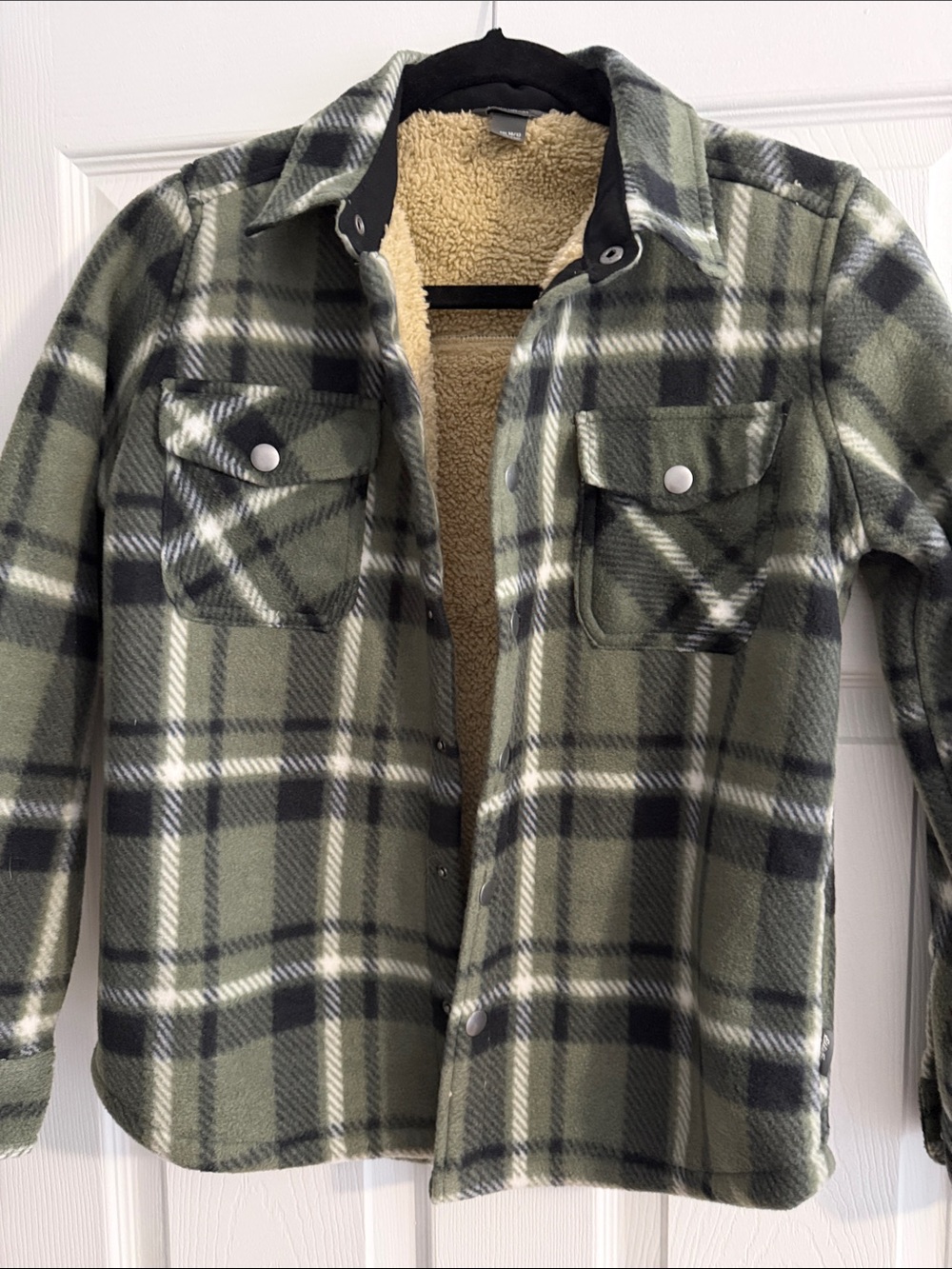 Eddie Bauer Olive Plaid Sherpa-Lined Shirt Jacket